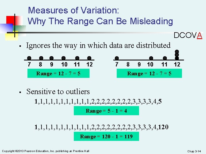 Measures of Variation: Why The Range Can Be Misleading DCOVA § Ignores the way