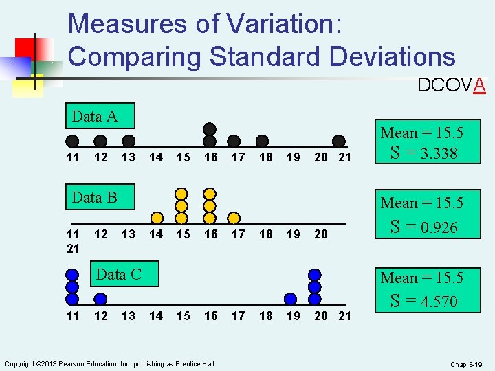 Measures of Variation: Comparing Standard Deviations DCOVA Data A 11 12 13 14 15