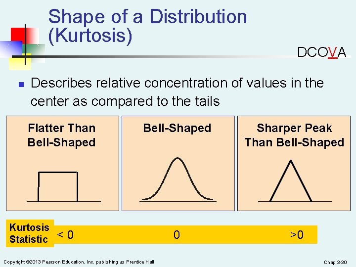 Shape of a Distribution (Kurtosis) n DCOVA Describes relative concentration of values in the