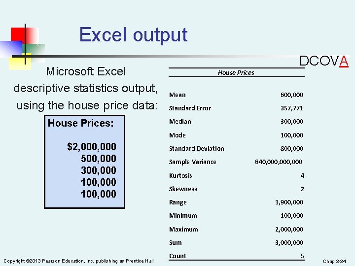 Excel output Microsoft Excel descriptive statistics output, using the house price data: House Prices: