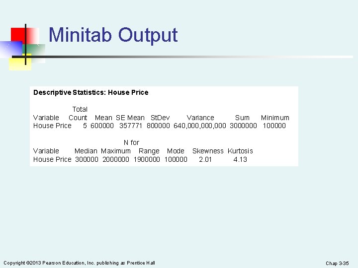 Minitab Output Descriptive Statistics: House Price Total Variable Count Mean SE Mean St. Dev