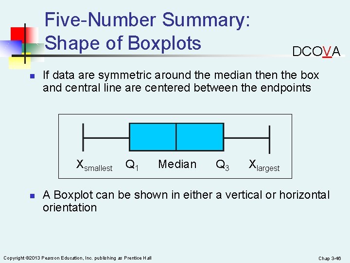 Five-Number Summary: Shape of Boxplots n If data are symmetric around the median the