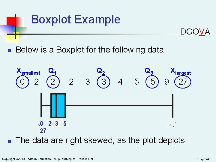 Boxplot Example DCOVA n Below is a Boxplot for the following data: Xsmallest 0