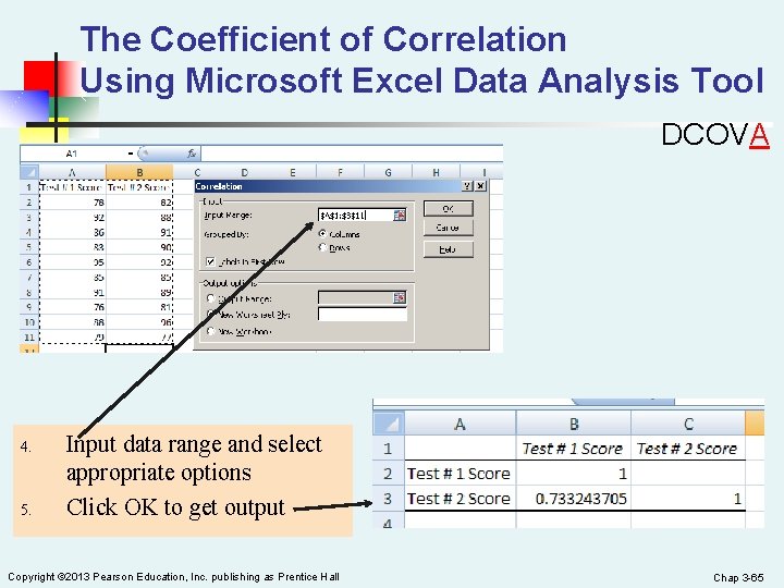The Coefficient of Correlation Using Microsoft Excel Data Analysis Tool DCOVA 4. 5. Input