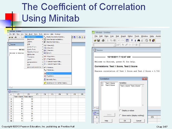 The Coefficient of Correlation Using Minitab Copyright © 2013 Pearson Education, Inc. publishing as