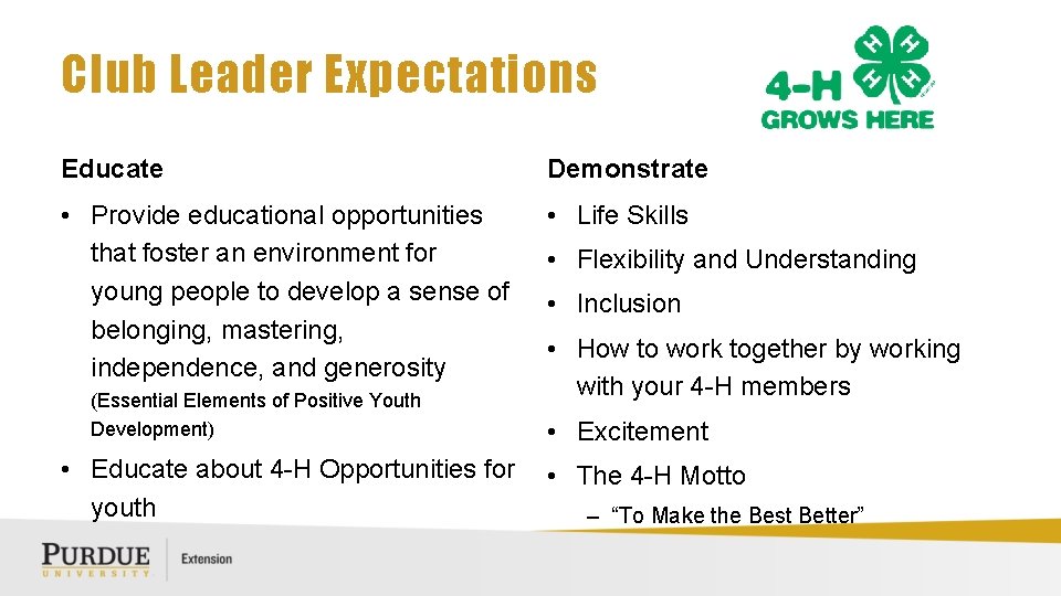 Club Leader Expectations Educate Demonstrate • Provide educational opportunities that foster an environment for