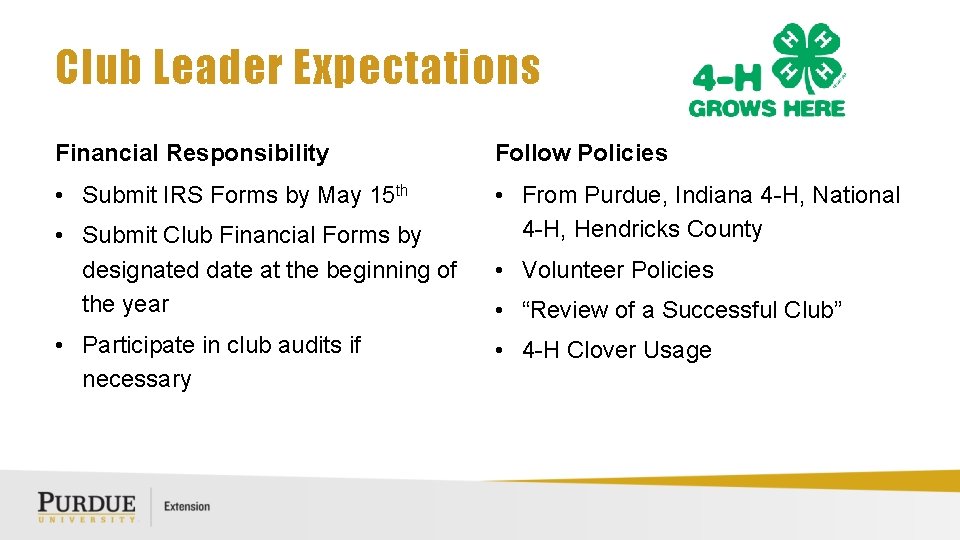 Club Leader Expectations Financial Responsibility Follow Policies • Submit IRS Forms by May 15