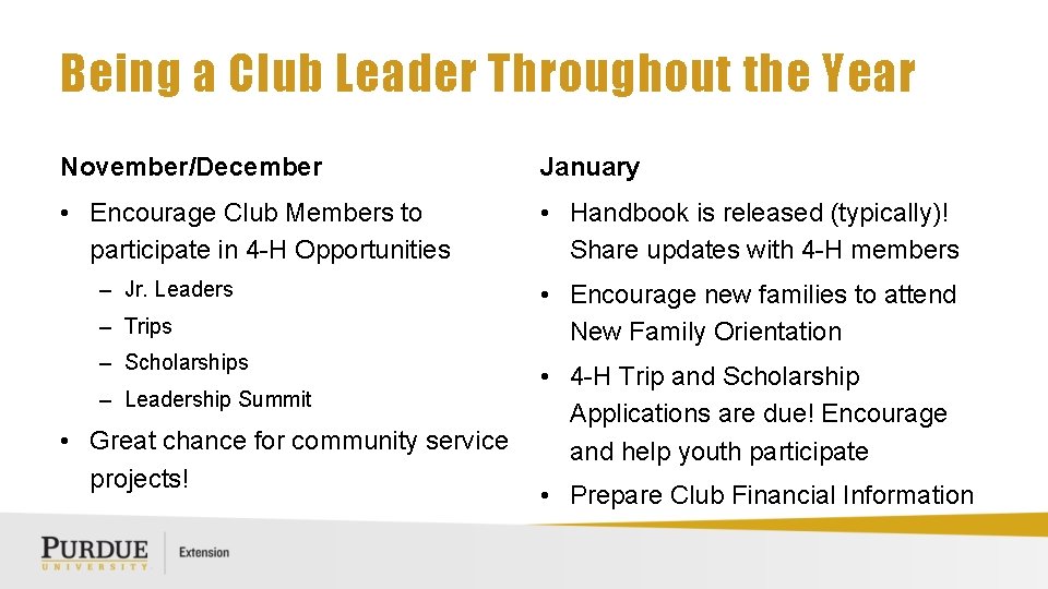 Being a Club Leader Throughout the Year November/December January • Encourage Club Members to