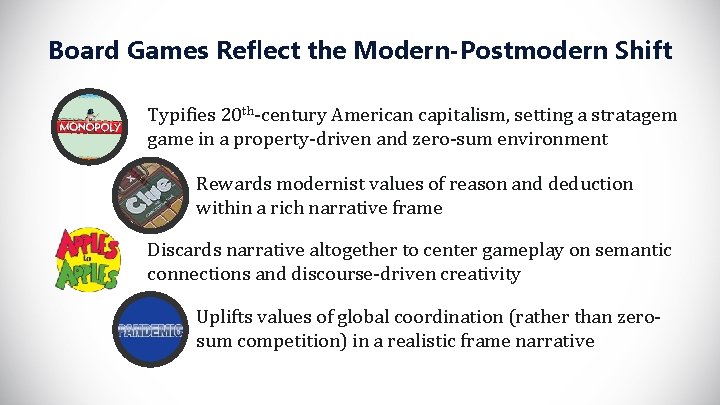 Board Games Reflect the Modern-Postmodern Shift Typifies 20 th-century American capitalism, setting a stratagem