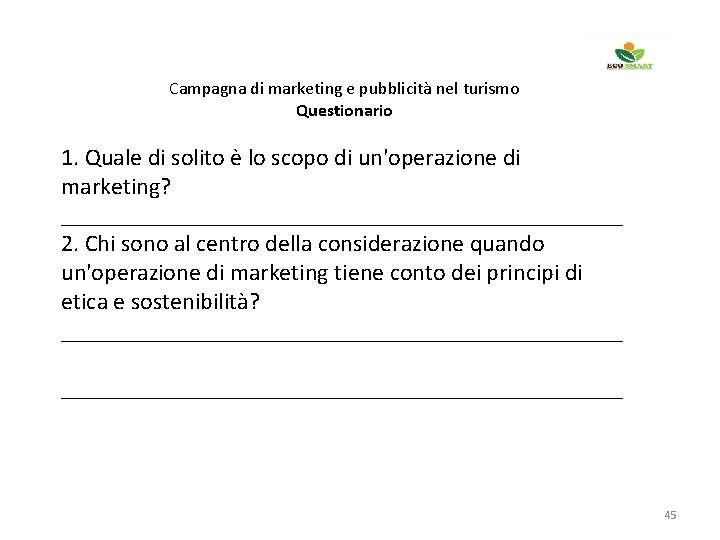 Campagna di marketing e pubblicità nel turismo Questionario 1. Quale di solito è lo