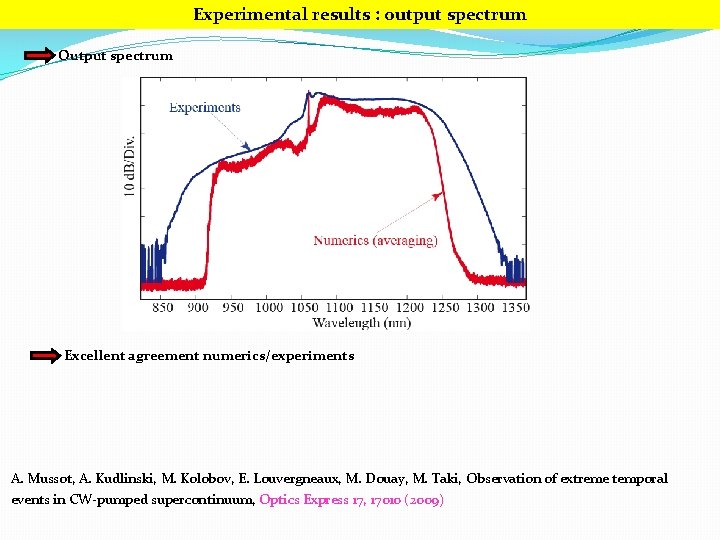 Experimental results : output spectrum Output spectrum Excellent agreement numerics/experiments A. Mussot, A. Kudlinski,