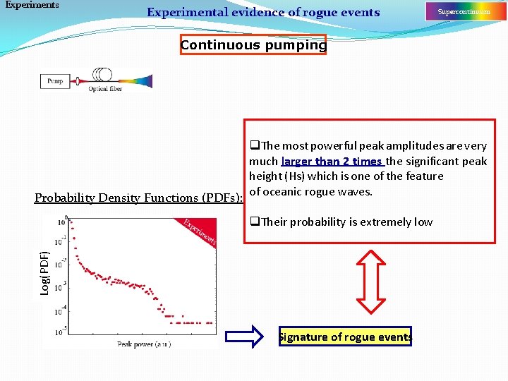 Experiments Experimental evidence of rogue events Supercontinuum Continuous pumping Probability Density Functions (PDFs): q.