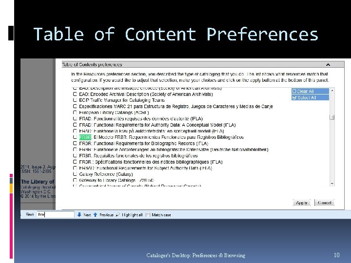 Table of Content Preferences Cataloger's Desktop: Preferences & Browsing 10 