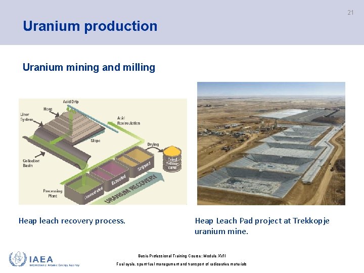 21 Uranium production Uranium mining and milling Heap leach recovery process. Heap Leach Pad