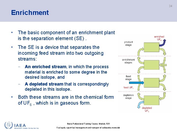 34 Enrichment • The basic component of an enrichment plant is the separation element