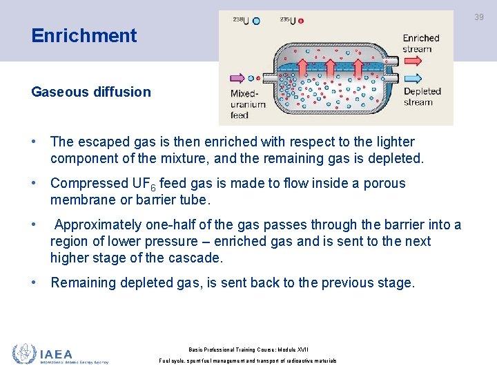 39 Enrichment Gaseous diffusion • The escaped gas is then enriched with respect to