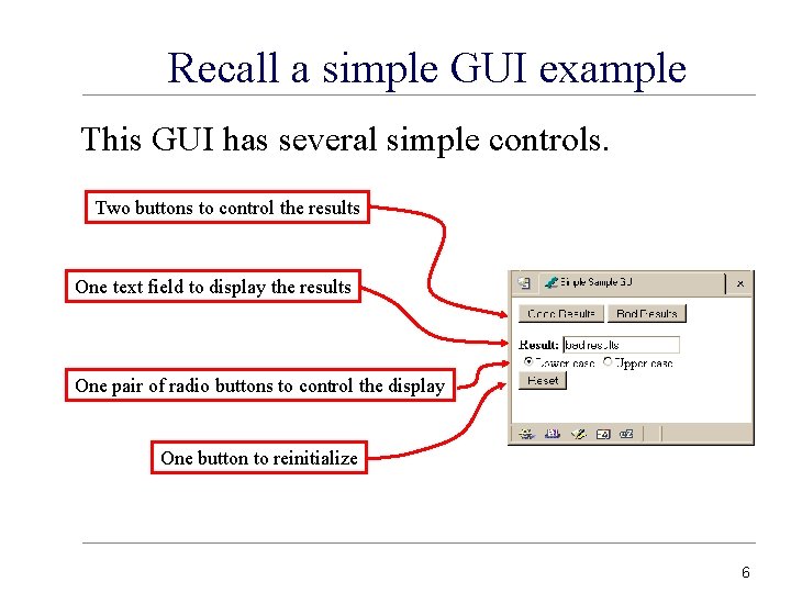 Recall a simple GUI example This GUI has several simple controls. Two buttons to