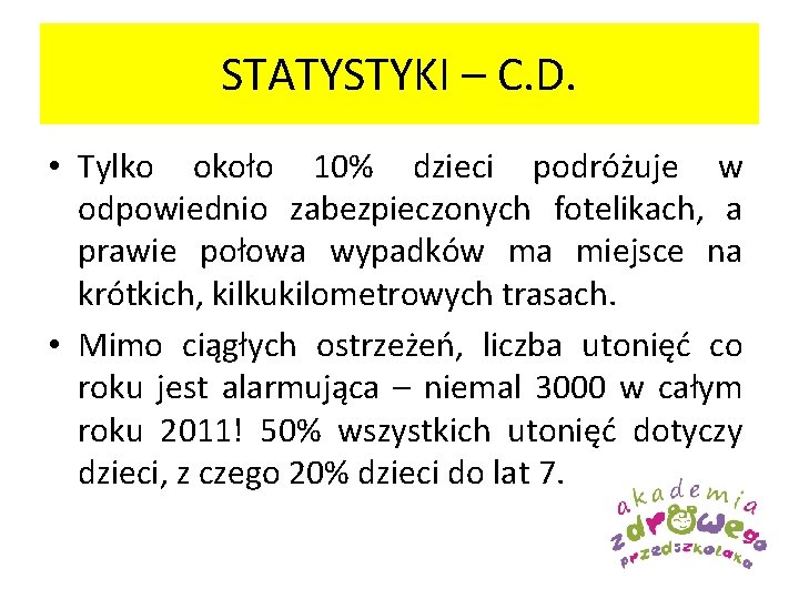 STATYSTYKI – C. D. • Tylko około 10% dzieci podróżuje w odpowiednio zabezpieczonych fotelikach,