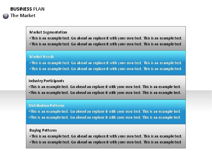 BUSINESS PLAN The Market Segmentation • This is an example text. Go ahead an