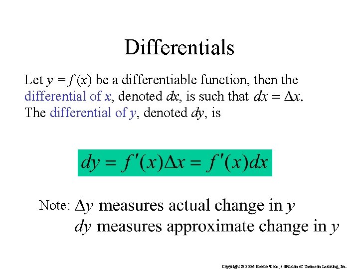 Differentials Let y = f (x) be a differentiable function, then the differential of