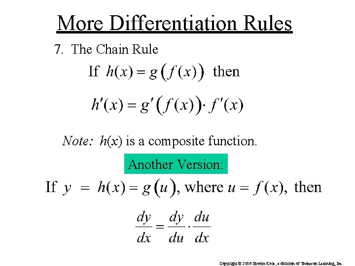 More Differentiation Rules 7. The Chain Rule Note: h(x) is a composite function. Another More Differentiation Rules 7. The Chain Rule Note: h(x) is a composite function. Another