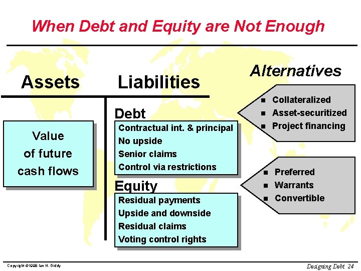 When Debt and Equity are Not Enough Assets Liabilities Alternatives n Debt Value of