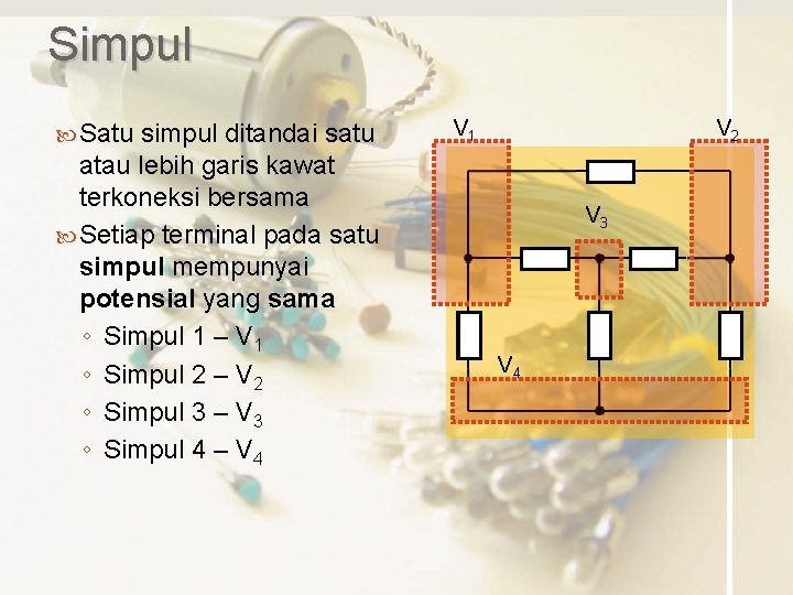 Simpul Satu simpul ditandai satu atau lebih garis kawat terkoneksi bersama Setiap terminal pada
