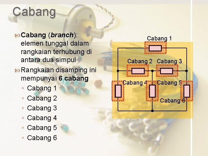 Cabang (branch): elemen tunggal dalam rangkaian terhubung di antara dua simpul Rangkaian disamping ini
