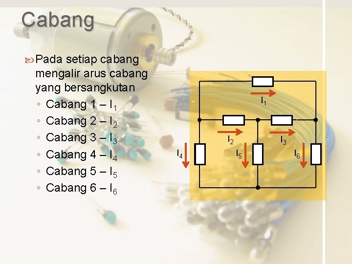Cabang Pada setiap cabang mengalir arus cabang yang bersangkutan ◦ Cabang 1 – I