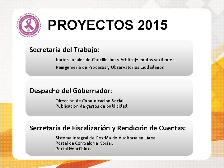  PROYECTOS 2015 Secretaría del Trabajo: Juntas Locales de Conciliación y Arbitraje en dos