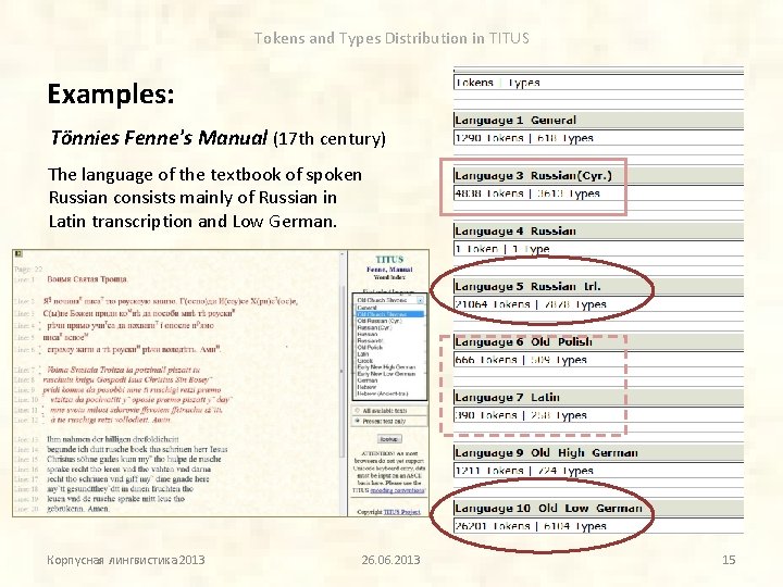 Tokens and Types Distribution in TITUS Examples: Tönnies Fenne's Manual (17 th century) The