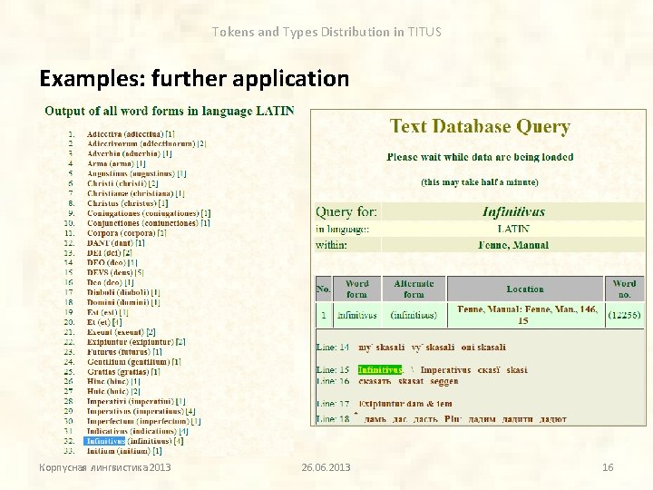 Tokens and Types Distribution in TITUS Examples: further application Корпусная лингвистика 2013 26. 06.