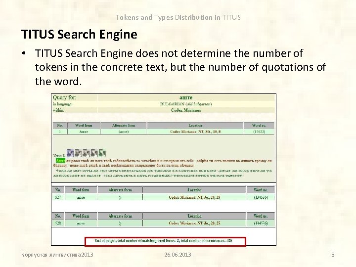 Tokens and Types Distribution in TITUS Search Engine • TITUS Search Engine does not