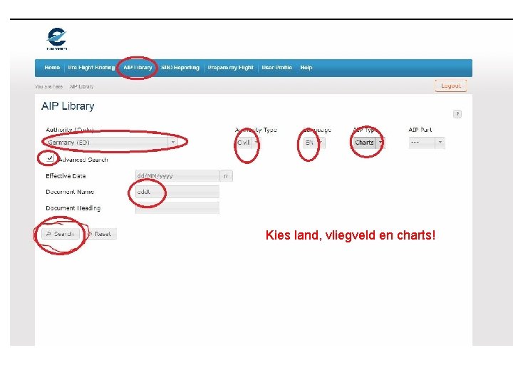 Kies land, vliegveld en charts! 