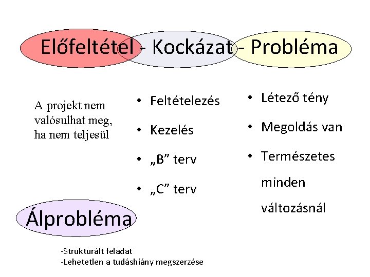 Előfeltétel - Kockázat - Probléma A projekt nem valósulhat meg, ha nem teljesül •