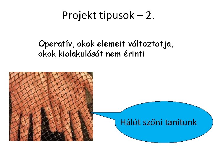 Projekt típusok – 2. Operatív, okok elemeit változtatja, okok kialakulását nem érinti Hálót szőni