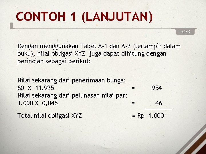 CONTOH 1 (LANJUTAN) 5/33 Dengan menggunakan Tabel A-1 dan A-2 (terlampir dalam buku), nilai