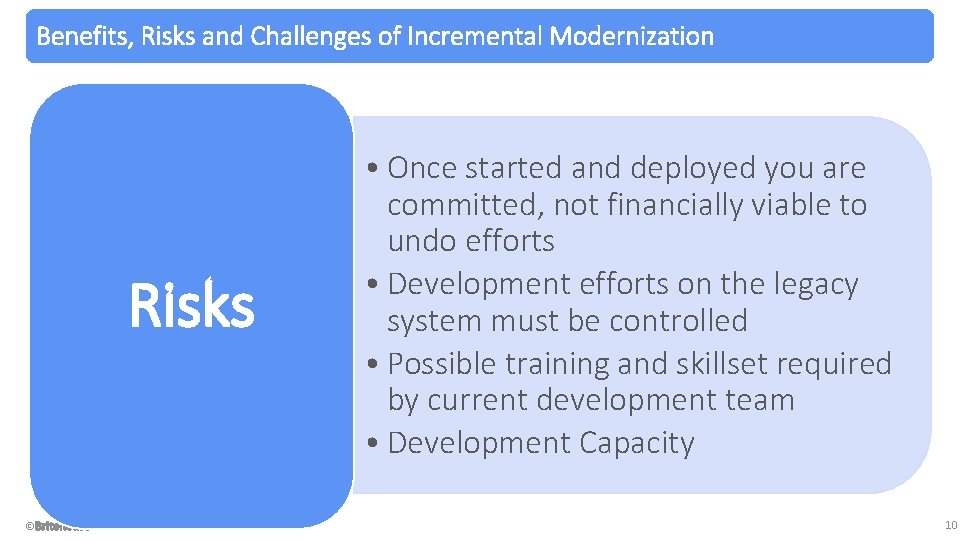 Benefits, Risks and Challenges of Incremental Modernization Risks © 2015 • Once started and