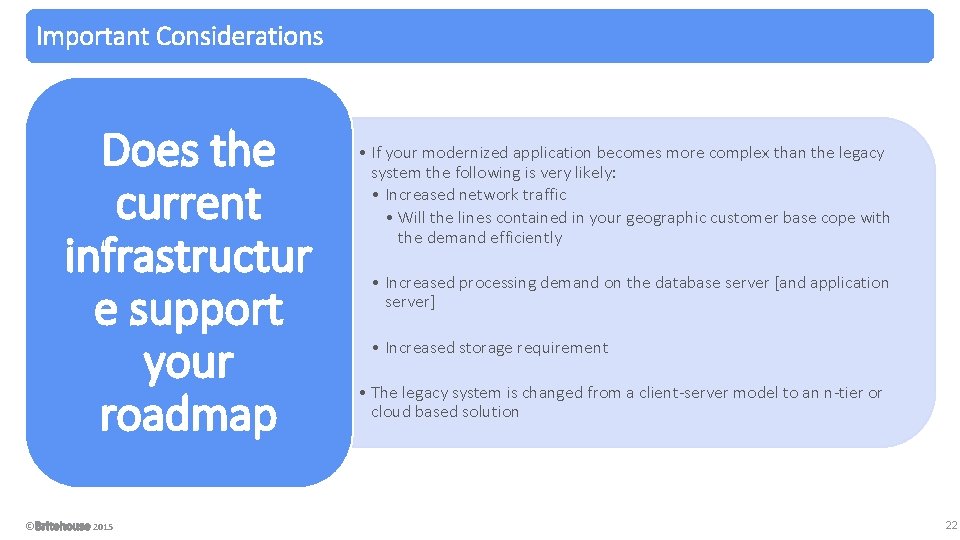 Important Considerations Does the current infrastructur e support your roadmap © 2015 • If