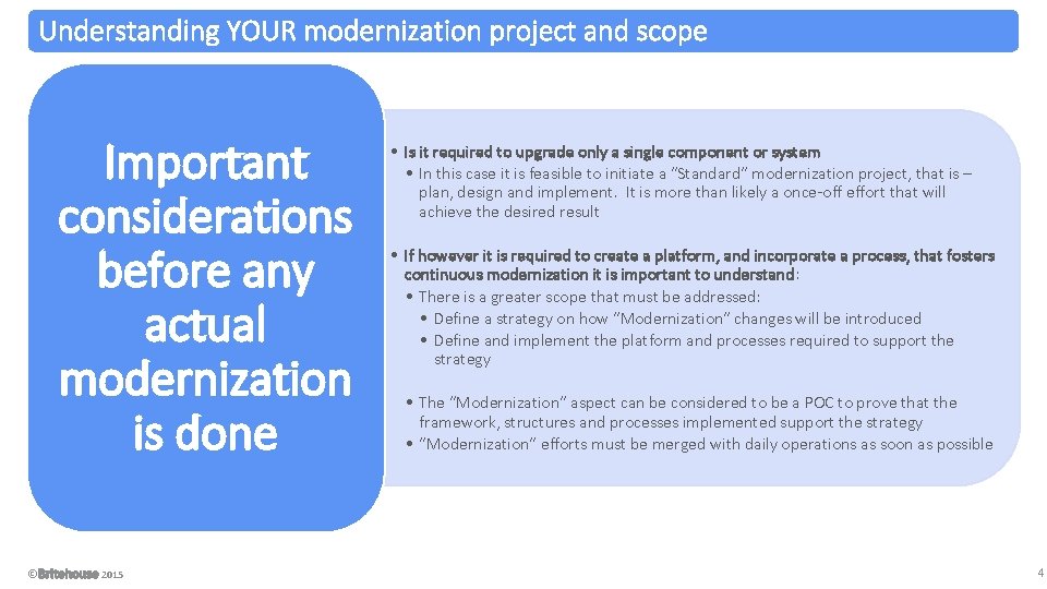 Understanding YOUR modernization project and scope Important considerations before any actual modernization is done