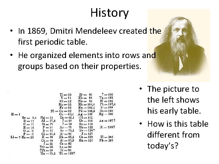 History • In 1869, Dmitri Mendeleev created the first periodic table. • He organized
