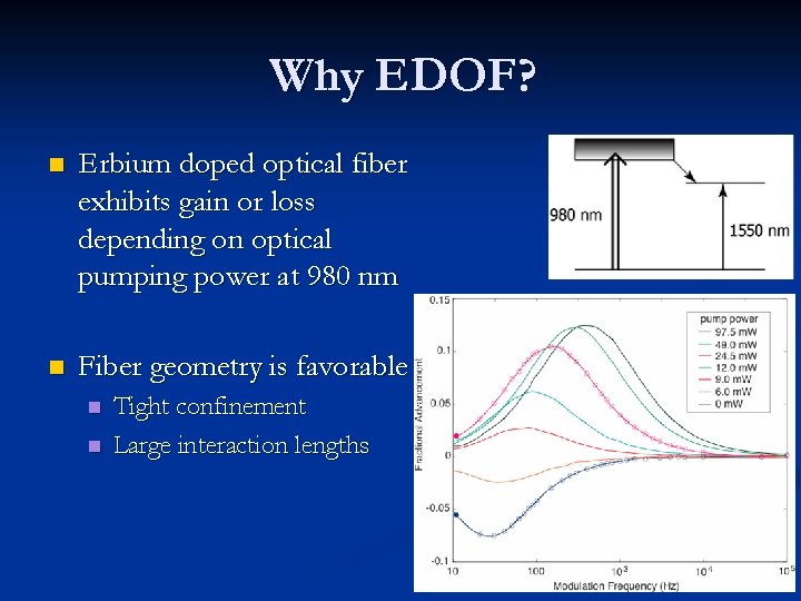 Why EDOF? n Erbium doped optical fiber exhibits gain or loss depending on optical