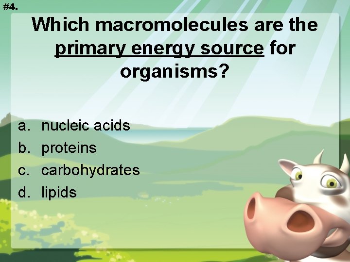 #4. Which macromolecules are the primary energy source for organisms? a. b. c. d.