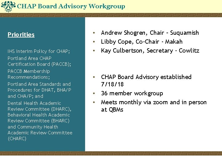 CHAP Board Advisory Workgroup Priorities IHS Interim Policy for CHAP; Portland Area CHAP Certification