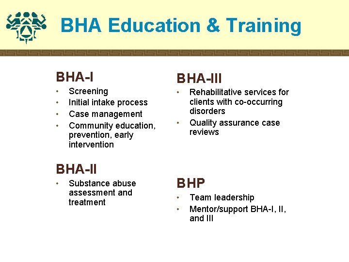 BHA Education & Training BHA-I • • Screening Initial intake process Case management Community