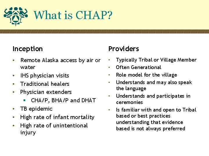 What is CHAP? Inception • • Remote Alaska access by air or water IHS