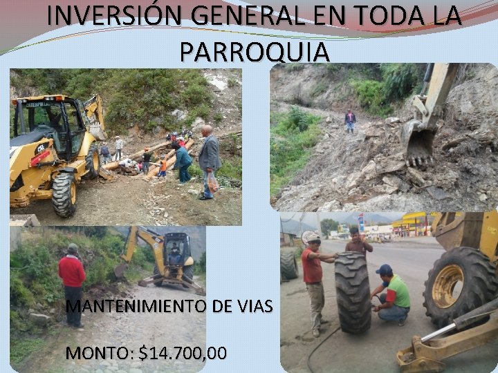 INVERSIÓN GENERAL EN TODA LA PARROQUIA MANTENIMIENTO DE VIAS MONTO: $14. 700, 00 