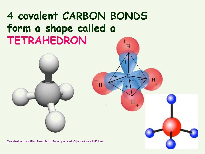 4 covalent CARBON BONDS form a shape called a TETRAHEDRON Tetrahedron modified from: http: