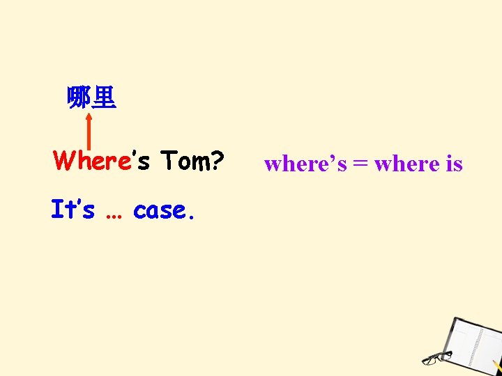 哪里 Where’s Tom? It’s … case. where’s = where is 