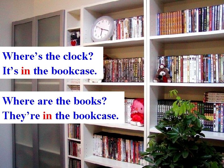 Where’s the clock? It’s in the bookcase. Where are the books? They’re in the